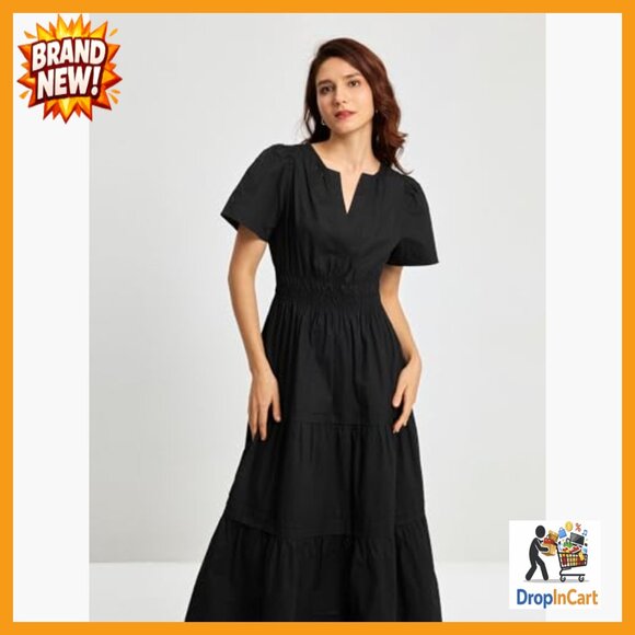 V-Neck Maxi Dress A-Line Casual Elegant Tiered Cotton Summer Midi - Picture 3 of 7